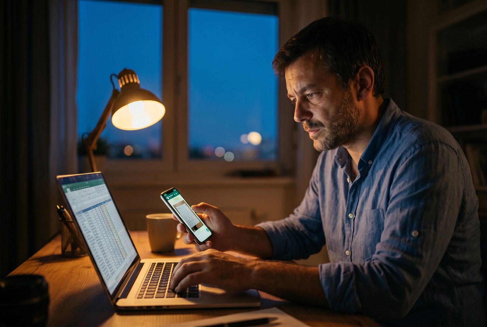 Reading the WhatsApp order off the phone, keying it into the ERP by hand — after hours.
